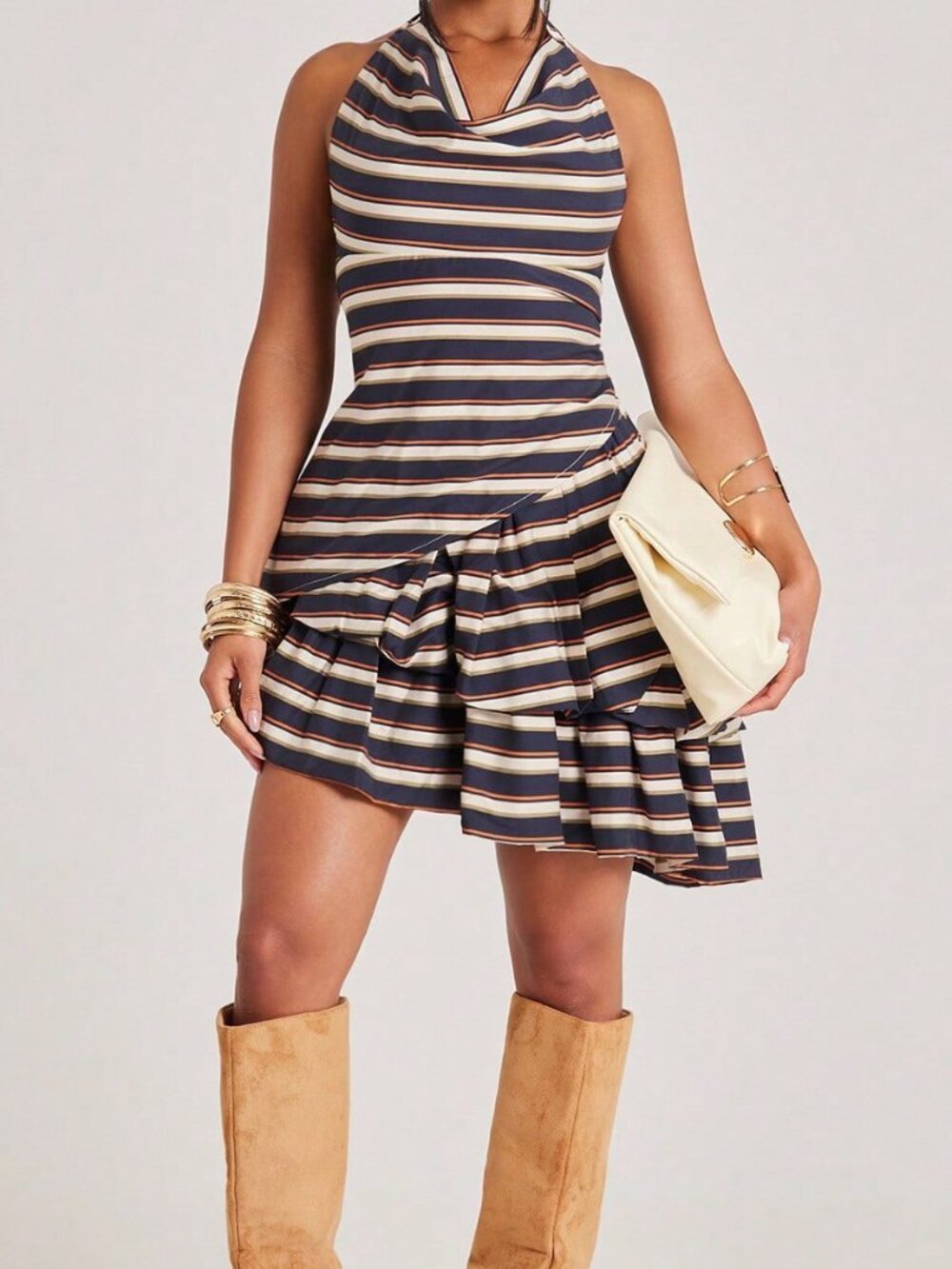 Multicolor Casual Women's Cowl Neckline Halter Slim Fit Striped Mini Skirt Set